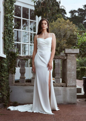 Ivory Satin Cowl Back High Slit Simple Wedding Dress